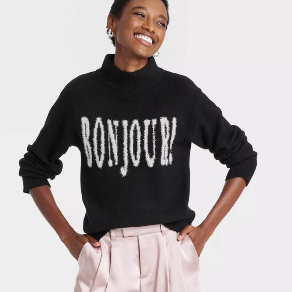 Women's Crewneck Graphic Pullover Sweater - A New Day™ Black “Bonjour” M NWT